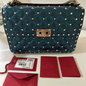Authentic Valentino Teal Quilted Shoulder Bag with Gold Accents